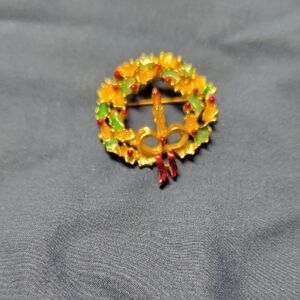 Festive Gold and Green Wreath Brooch